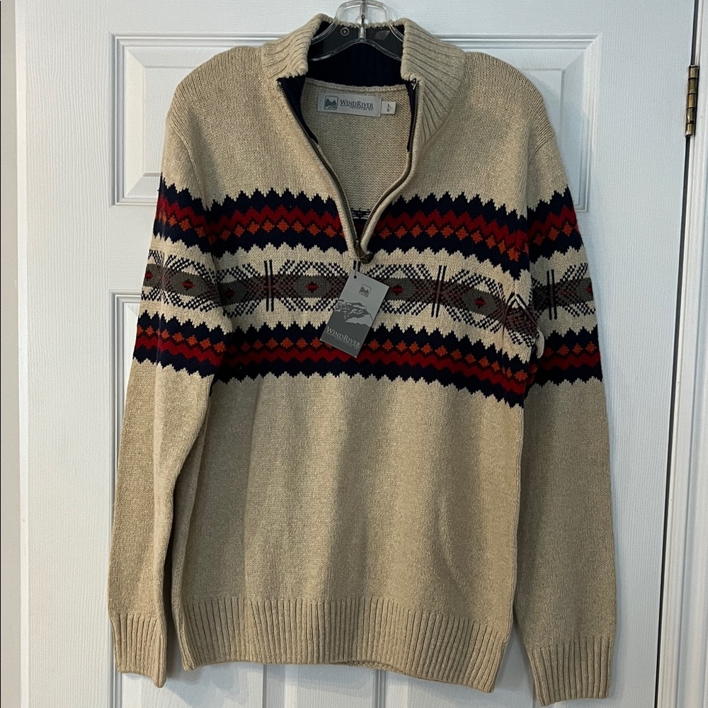 Men's Beige and Navy Zip-Up Sweater